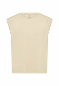 Beige sleeveless top made of soft fabric. Features a round neckline and slightly dropped shoulders, with a relaxed fit and minimal stitching.