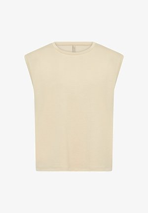 Top senza maniche beige realizzato in tessuto morbido. Presenta un collo rotondo e spalle leggermente scese, con una vestibilità rilassata e cuciture minime.