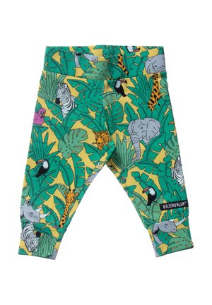 Kinderleggings mit grünen tropischen Blättern und illustrierten Safari-Tieren wie Elefant, Zebra, Giraffe, Tiger, Tukan und Flamingo auf gelbem Hintergrund.