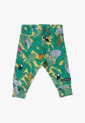 Kinderleggings mit grünen tropischen Blättern und illustrierten Safari-Tieren wie Elefant, Zebra, Giraffe, Tiger, Tukan und Flamingo auf gelbem Hintergrund.