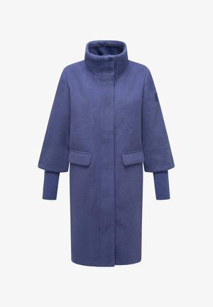 Violeta pēc izmēra mētelis ar augstu apkakli, priekšēju pogu aizdari un divām sānu kabatām. Iezīmē plaši piedurknes un ribotām aproču akcentiem.