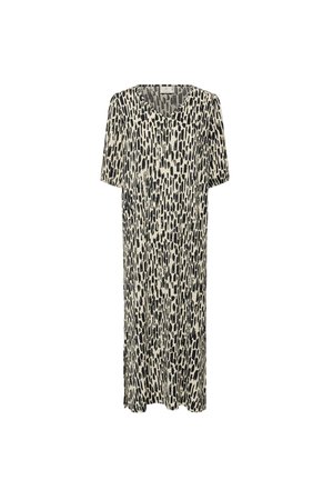 Korte mouwen, knielange jurk in crème met een zwart abstract patroon, voorzien van een V-hals en een relaxed fit. Zachte stof, vloeiende textuur.