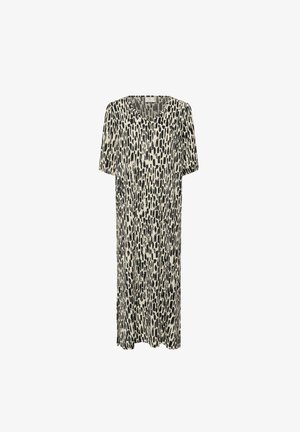 Krátký rukáv, šaty po kolena v krémové barvě s černým abstraktním vzorem, s V výstřihem a volným střihem. Měkká látka, vzdušná textura.