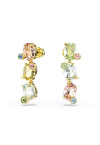 Gold-tone earrings featuring a cascading design with multicolored oval and round crystals in light pink, green, blue, and clear.