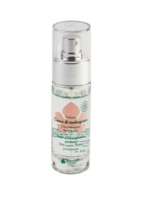 Bottiglia spray in vetro trasparente con tappo argento, etichettata "Cuore di melograno." Presenta un delicato design floreale rosa e testo verde, capacità di 100 ml.