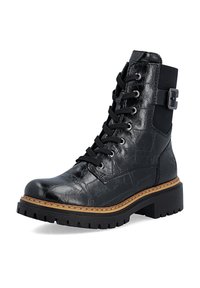 Botte de combat noire à lacets en cuir texturé, semelle épaisse en caoutchouc, détail boucle sur le côté et surpiqûres couleur camel, présentée sur fond blanc uni.