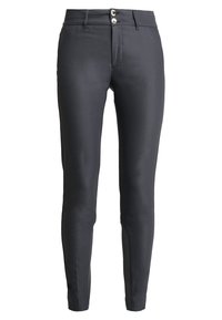 Dark navy slim-fit pants made of smooth fabric, featuring two front buttons, a standard waistband, and fitted legs. No visible pockets.
