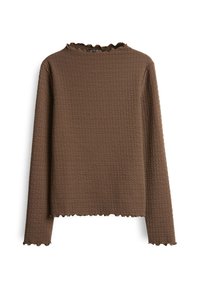 Maglietta marrone a maniche lunghe con texture e bordo arricciato su colletto, polsini e orlo, esposta su uno sfondo bianco.