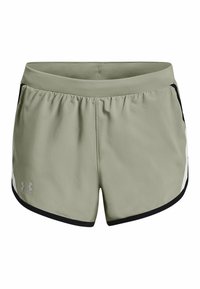 Shorts deportivos de color verde oliva claro con ribetes negros, paneles laterales blancos, cinturilla elástica y logo de Under Armour en la pierna izquierda.