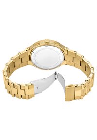 Orologio da polso in acciaio inossidabile oro con cassa rotonda, movimento al quarzo e chiusura lucida in argento. Marcato con "Michael Kors" sul retro.