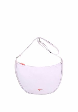 Sac d'épaule violet clair en forme de croissant avec une sangle ajustable, une petite tirette de fermeture éclair rose et un détail logo.