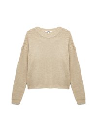 Beżowy sweter dzianinowy z okrągłym dekoltem, długimi rękawami i luźnym krojem. Wzór o fakturze oraz ściągacze u dołu i na rękawach.