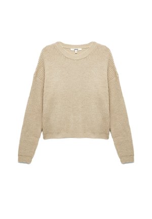 Beige gebreide trui met een ronde hals, lange mouwen en een ontspannen pasvorm. Geweven patroon over de hele trui en ribgebreide rand en mouwen.