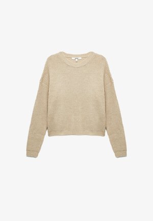 Maglione a maglia beige con scollatura rotonda, maniche lunghe e vestibilità rilassata. Motivo testurizzato su tutta la superficie e orlo e polsini a coste.
