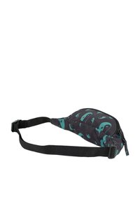 Riñonera negra con un diseño acolchado, que presenta patrones abstractos en tonos azul turquesa. Incluye una correa negra ajustable y un cierre con cremallera.