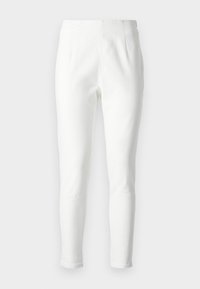 Pantalones blancos de corte slim, fabricados en tejido texturizado, con una cintura alta y costuras mínimas para una silueta limpia. Ideales para el uso casual.