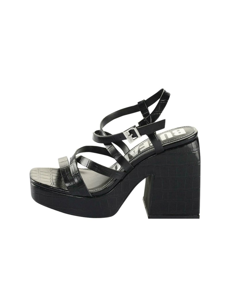 Black high-heeled sandals with a chunky platform, glossy crocodile texture, multiple thin straps, and a silver logo on the insole.