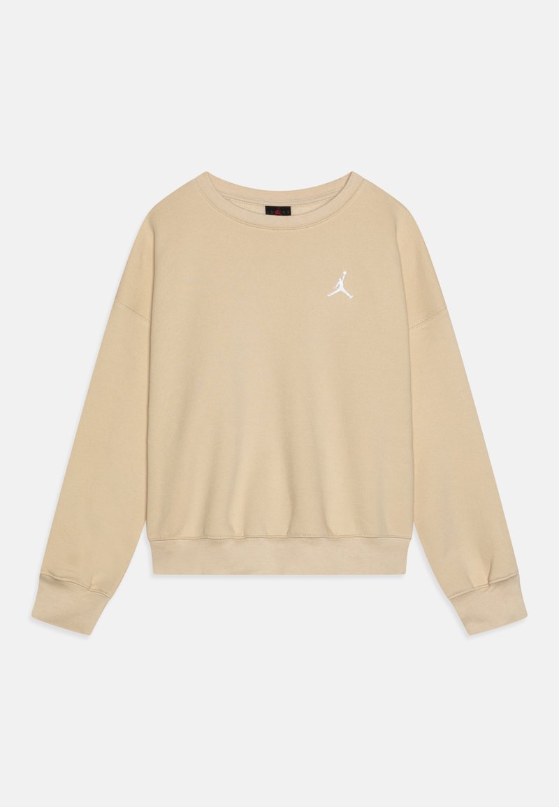 Sweatshirt bege feito de algodão suave, com gola redonda, mangas longas e um pequeno logótipo branco da Jordan no lado esquerdo do peito.