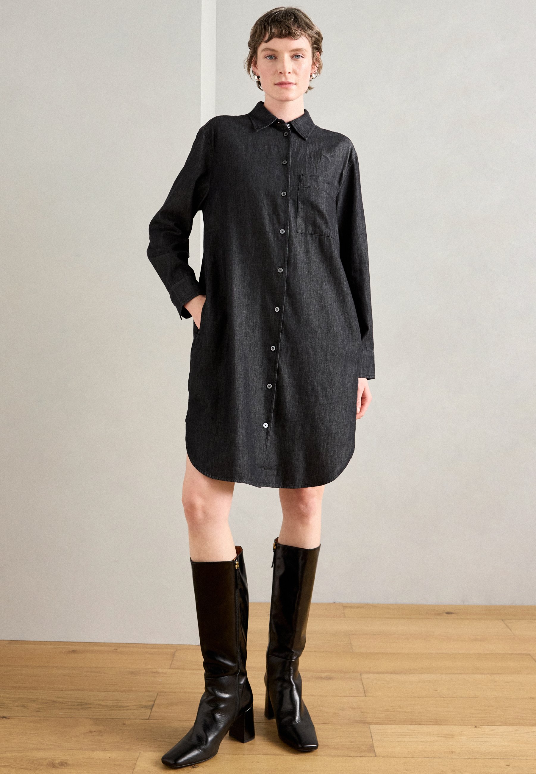 round hem shirt dress ASOS DESIGN mini shirt dress with high-low curved hem in navy stripes