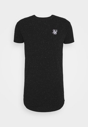 Schwarzes kurzärmeliges T-Shirt mit weißem Sprenkelmuster und kleinem weißen, stilisierten Logo auf der oberen linken Brust.