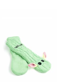 Green knitted socks featuring a cable knit design, black eyes, and pink ears, with "WANDALIAN" printed on one sock.