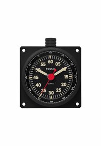 Minuteur analogique noir avec un boîtier carré, marquages blancs et rouges, étiquette Quartz, grande aiguille des secondes rouge et cadran noir texturé.