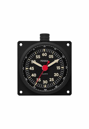 Minuteur analogique noir avec un boîtier carré, marquages blancs et rouges, étiquette Quartz, grande aiguille des secondes rouge et cadran noir texturé.