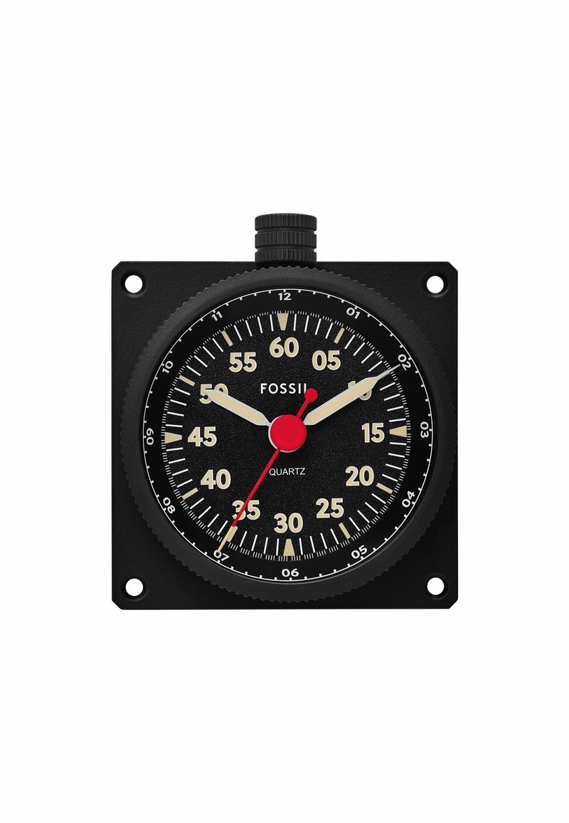 Minuteur analogique noir avec un boîtier carré, marquages blancs et rouges, étiquette Quartz, grande aiguille des secondes rouge et cadran noir texturé.