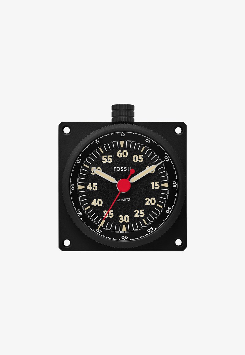 Black analog timer with a square case, white and red markings, Quartz label, prominent red second hand, and textured black dial.