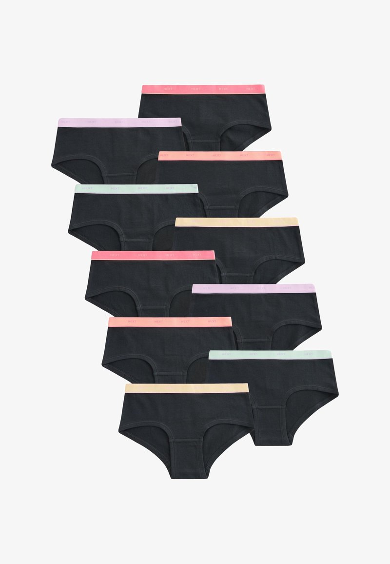Ten black women's underwear briefs with elastic waistbands in pastel colors including pink, peach, lilac, green, and beige.