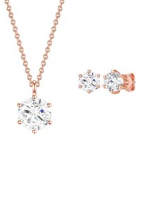Set di gioielli in oro rosa composto da una collana con pendente con un cubic zirconia rotondo incastonato a griffe, abbinata a orecchini a bottone coordinati.