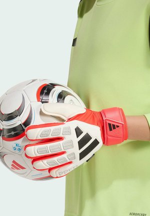 Goalkeeper wearing bright red and white gloves holding a white and black soccer ball, wearing a light green jersey.