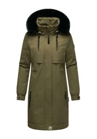 Olive green parka coat with a faux fur-lined hood, adjustable drawstrings, vertical zip pockets, and textured fabric. Features logo detail.