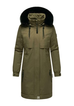 Olive green parka coat with a faux fur-lined hood, adjustable drawstrings, vertical zip pockets, and textured fabric. Features logo detail.