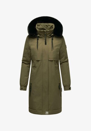 Olivroheline parka jakk tehiskarvane kapuutsiga, reguleeritavate nööridest, vertikaalsed lukustatud taskud ja tekstuuriga kangas. Sisaldab logo detaili.