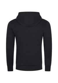 Black hoodie with a drawstring hood, long sleeves, and ribbed cuffs. Smooth fabric texture, featuring a plain back with no visible logos or patterns.
