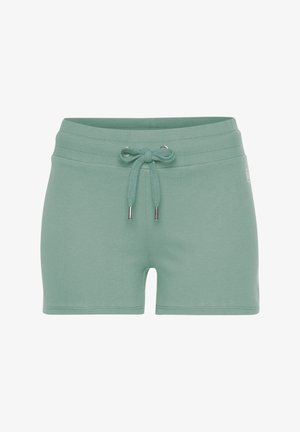 Groene katoenen blend shorts met een drawstring tailleband, met een geribbelde textuur en metalen accenten op de uiteinden van de drawstring.