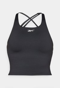 Svart sports BH laget av elastisk materiale, med et tettsittende design, brede stropper og kryssrygg. Liten hvit logo foran.