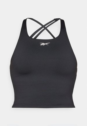 Svart sports BH laget av elastisk materiale, med et tettsittende design, brede stropper og kryssrygg. Liten hvit logo foran.