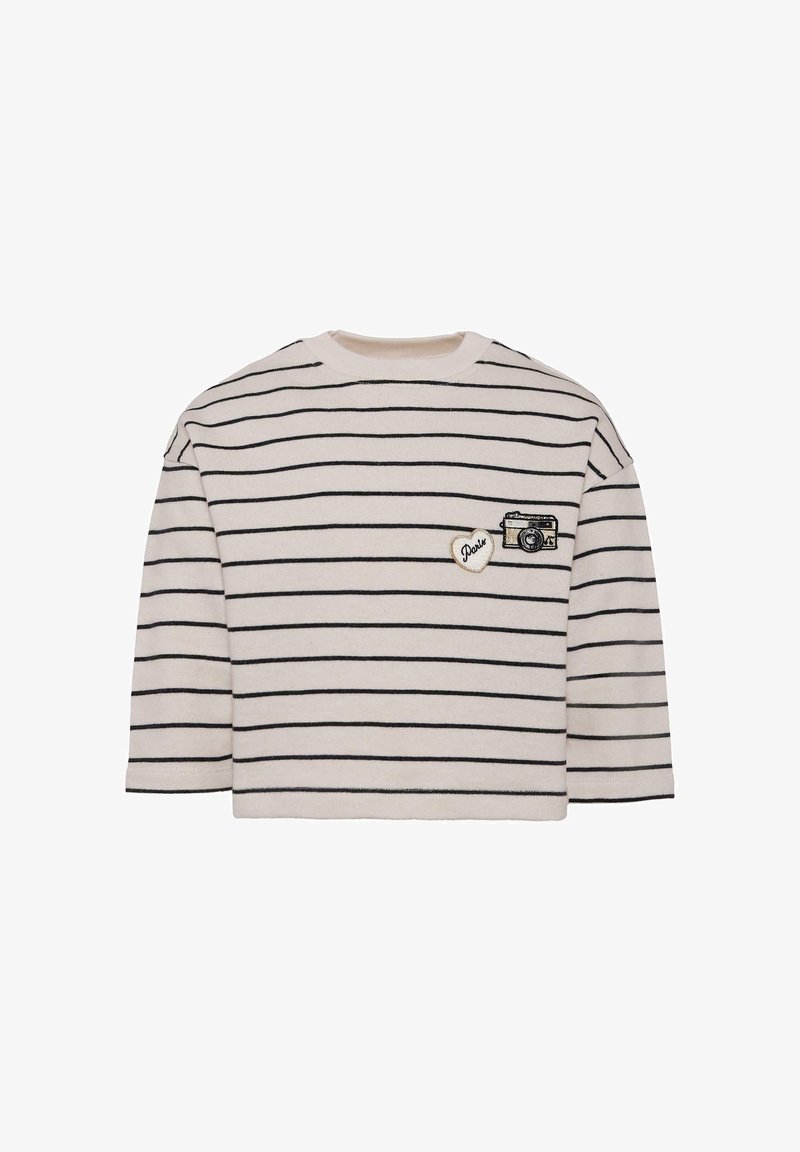 Maglione a cropped bianco e nero a righe con toppe ricamate a forma di macchina fotografica e cuore sul davanti. Tessuto di cotone morbido, vestibilità rilassata, maniche lunghe.