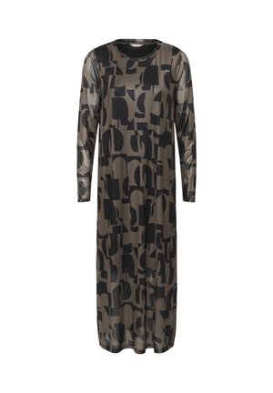 Braun und schwarz langärmliges Kleid mit abstrakten geometrischen Mustern, einem runden Halsausschnitt und einem fließenden Design. Hergestellt aus leichtem Stoff.
