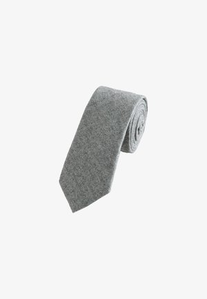 Gray herringbone tie rolled up, featuring a textured weave, a pointed end, and subtle diagonal patterns throughout the fabric.