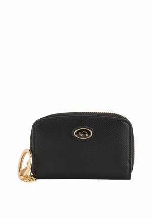 Black leather wallet with a textured finish, gold hardware, and an oval logo detail. Compact zippered design and keyring attachment.