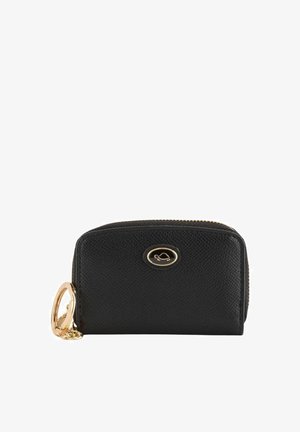 Black leather wallet with a textured finish, gold hardware, and an oval logo detail. Compact zippered design and keyring attachment.