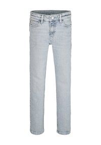 Világoskék farmernadrág, slim fit szabással, öt zsebbel, gombos záródással és finom kopással az extra textúra érdekében.