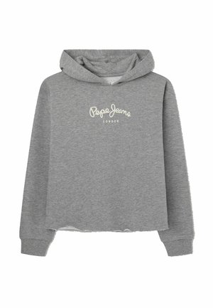 Grå hættetrøje med cropped design, French terry tekstur og hvid "Pepe Jeans London"-logo foran.