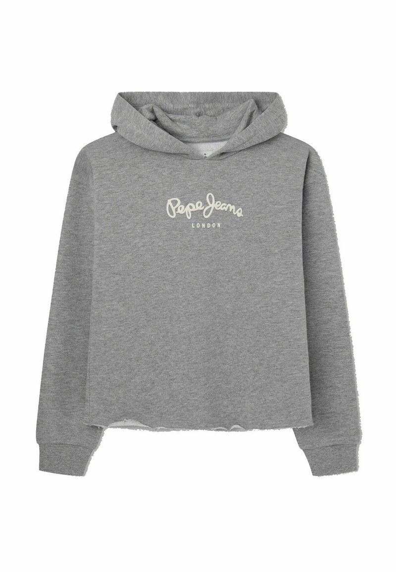 Sweat à capuche gris avec un design court, une texture éponge française, et le logo blanc "Pepe Jeans London" sur le devant.