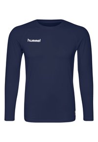 Blauwe longsleeve shirt van gladde stof. Heeft een ronde hals, raglanmouwen en een wit logo op de linkerborst. Eenvoudig ontwerp.