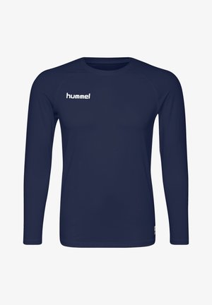 Marineblaue Langarmshirt aus glattem Stoff. Verfügt über einen Rundhalsausschnitt, Raglanärmel und ein weißes Logo auf der linken Brust. Einfaches Design.