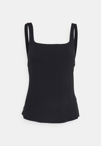 Czarna koszulka na ramiączkach z kwadratowym dekoltem i cienkimi paskami na ramionach. Wykonana z gładkiego materiału o miękkiej fakturze i lekko rozszerzanym dolnym końcu.